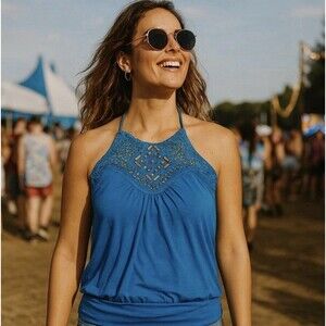 Wet Seal Crochet Halter Top Blue Beaded Boho Y2K Festival Tank Coquette Large